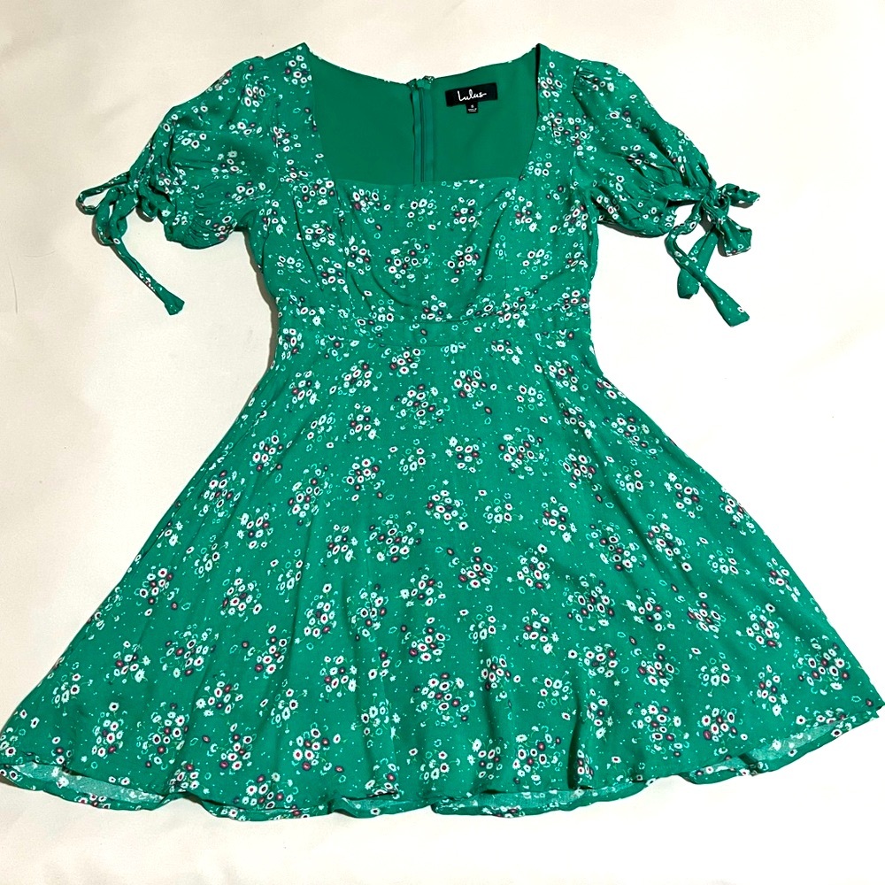 LULUS Camellia Curtsies Green Floral Print Skater Dress - Size S - Picture 6 of 15